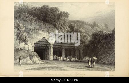 Der Eingang zur Höhle von Elephanta [die Insel Elephanta (auch Gharapuri (wörtlich „die Stadt der Höhlen“) oder Pory Island genannt) ist eine von mehreren Inseln im Hafen von Mumbai, östlich von Mumbai, Indien]. Aus dem Buch "The Oriental Annual, OR, Scenes in India" von The Rev. Hobart Caunter Herausgegeben von Edward Bull, London 1836 Stiche aus Zeichnungen von William Daniell Stockfoto