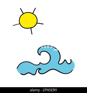 Sonne und Ozean Doodle Zeichnung Symbolvektor Stock Vektor