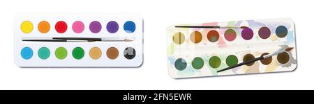 Aquarell-Farbschachteln - unbenutzt, sauber, ordentlich, neu - gebraucht, fleckig, Fleckig, verschmutzt, schmutzig. Vor nach dem Vergleich - Abbildung auf weißem Hintergrund. Stockfoto