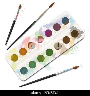 Gebrauchte Aquarellfarbe Box - fleckig, fleckig, verschmutzt, verschüttet, schmutzig mit ausgefransten Pinsel - Abbildung auf weißem Hintergrund. Stockfoto