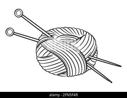 Skein des Gewindes. Symbol „Garn mit Stricknadeln“. Handgestricktes Strickmaterial. Ballwolle oder Baumwollfaser. Handarbeiten Hobby, erstellen Strickmode von Hand. Umrissvektor Stock Vektor