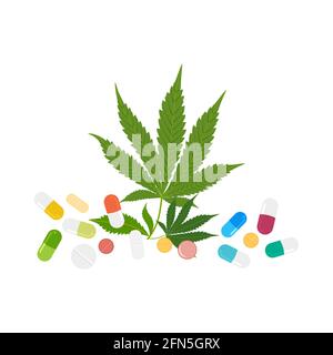 CBD-Kapseln und -Pillen mit grünen medizinischen Marihuana-Blättern isoliert auf weißem Hintergrund. Gesunder Hanf, Cannabis, Vektordarstellung. Stock Vektor