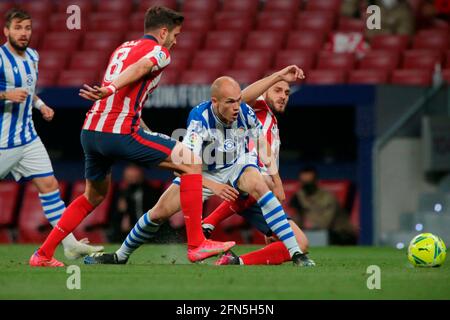 Madrid, Spanien. Mai 2021. Madrid, Spanien; 12.05.2021.- Atletico de Madrid gegen Real Sociedad Fußballspiel zur La Liga Spanien Spiel 36 im Wanda Metropolitano Stadion in Madrid statt. Quelle: Juan Carlos Rojas/Picture Alliance/dpa/Alamy Live News Stockfoto