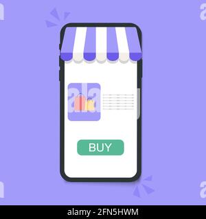 Online-Shopping-Technologie mit Ladenfassade in Smartphone und Taschen, Vektorgrafik Design. Stock Vektor