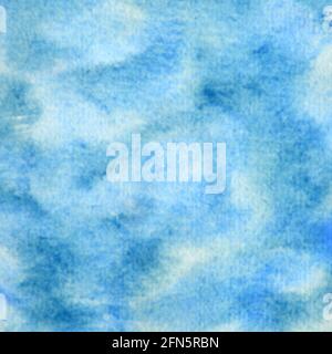 Dunkelblaue Aquarell-Textur ein handgemaltes abstraktes Gemälde mit weicher, verschwommener Textur in Marineblau, mittelblau und gelben Stücken in 12x12 Design Ele Stockfoto