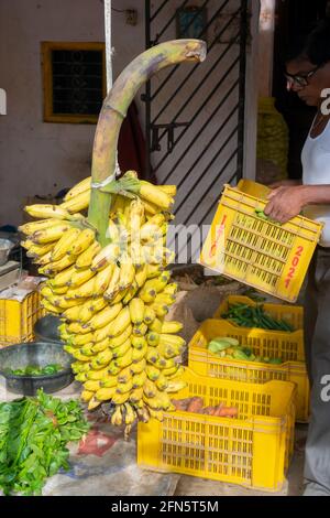 Cuttack, Odisha, Indien - 24. Juli 2019 : Banane und anderes Gemüse werden am Straßenrand verkauft. Ein junger Mann verkauft sie an Kunden in einem Markt in C Stockfoto