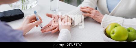 Teilansicht der Sozialarbeiterin, die einer gealterten Diabetikerin Insulininspritze verabreicht, Banner Stockfoto