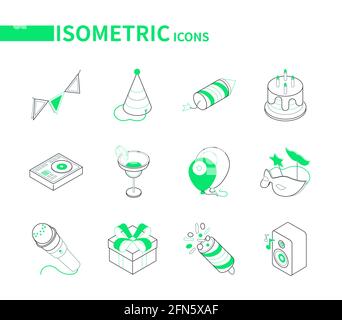 Geburtstagsfeier Feier - moderne Linie isometrische Symbole. Weihnachtsymbole, Festivalelemente. Fahnen, Hut, Petard, Kuchen, Cocktail, Luftballons, Maske, Mikrometer Stock Vektor