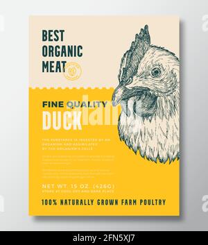 Bird Portrait Organic Meat Abstract Vector Packaging Design oder Label Template. Geflügelbanner Aus Eigener Landwirtschaft. Moderne Typografie und handgezeichnetes Huhn Stock Vektor