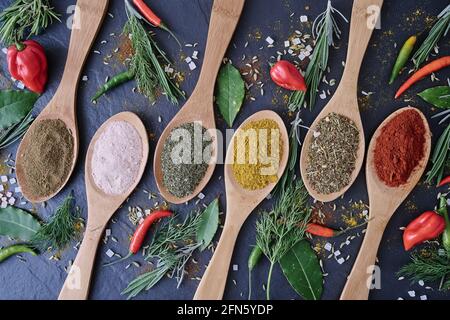 Eine Vielzahl von Gewürzen auf Holzlöffeln Stockfoto
