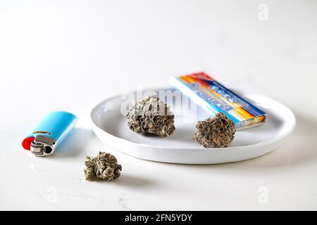 Nahaufnahme der Gelato-Cannabisblüte in einer Schüssel auf Quarz Oberfläche Stockfoto