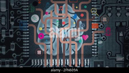 Zusammensetzung des Netzwerks von Verbindungen über menschliches Gehirn und Computer Prozessor Stockfoto