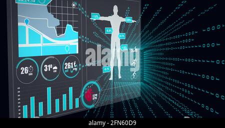 Zusammensetzung von Statistiken, menschlichem Körper, binärer Codierung und medizinischer Datenverarbeitung auf dem Bildschirm Stockfoto