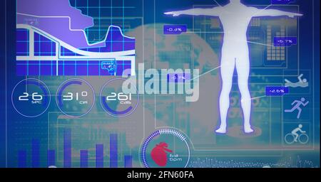 Zusammenstellung von Statistiken, Verarbeitung von menschlichen Körpern und medizinischen Daten auf dem Bildschirm auf der ganzen Welt Stockfoto