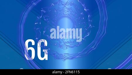 Komposition aus 6 g Text über violetten Lichtspuren auf glühenden Blauer Hintergrund Stockfoto