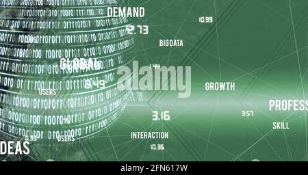 Zusammensetzung von Technologie-Text, binäre Codierung und Netzwerk von Verbindungen auf grünem Hintergrund Stockfoto