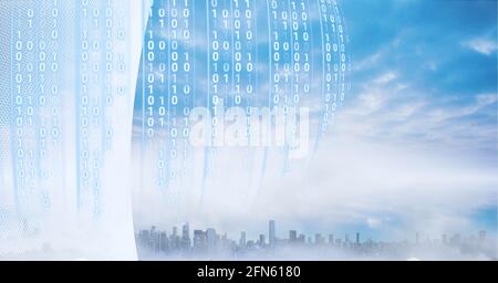Zusammensetzung der binären Codierung über Stadtbild und weißen Rand Stockfoto
