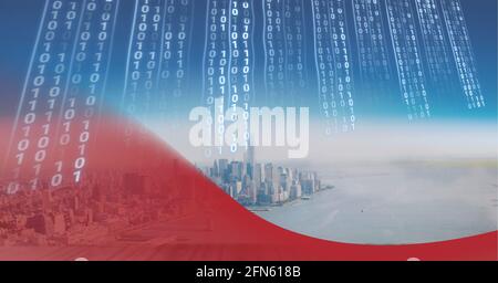 Zusammensetzung der binären Codierung über Stadtbild und rotem Hintergrund Stockfoto