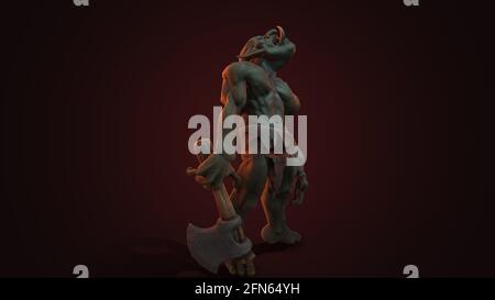 Fantasy-Figur Troll Berserker in epischer Pose - 3D-Rendering Auf dunklem Hintergrund Stockfoto