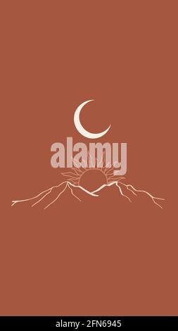 Abstrakte zeitgenössische ästhetische Hintergründe Landschaften mit Sonnenaufgang, Sonnenuntergang, Nacht. Erdtöne, Pastellfarben. Boho-Wanddekoration. Mitte des Jahrhunderts moderne mi Stock Vektor