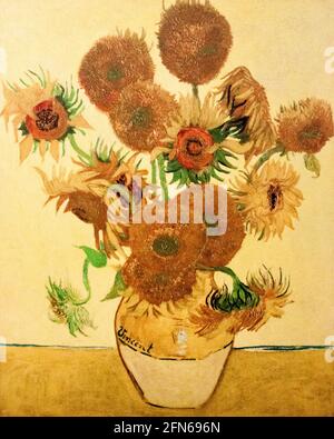 Vincent van Gogh Kunstwerk - Stillleben - Vase mit fünfzehn Sonnenblumen. Lebendige Sonnenblumenmalerei in der National Gallery, London. Stockfoto