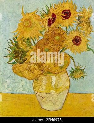 Vincent van Gogh Kunstwerk - Vase mit zwölf Sonnenblumen - ikonisches Kunstwerk des berühmten niederländischen Künstlers Vincent Van Gogh. Stockfoto