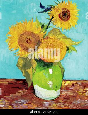 Vincent van Gogh Kunstwerk - drei Sonnenblumen in einer Vase. Drei Sonnenblumen mit gelb-orangen Blütenblättern sind auf türkisfarbenem Hintergrund dargestellt. Stockfoto