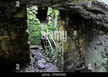 Überreste eines Wasserrades bei den Old Iron Works, Mells , Fussells' Lower Works.Dies ist eine biologische Stätte von besonderem wissenschaftlichem Interesse, in Wadbury Stockfoto