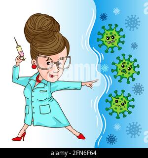 Person Frau Arzt hält Impfspritze gegen Coronavirus-Pandemie COVID-19. Illustration Charakter in einem Cartoon-Stil. Spritzenimpfung Stock Vektor