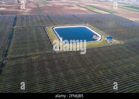 Luftbild des modernen Apfelplantage um künstlichen See für die Bewässerung Plantage angeordnet, schießen von Drohne Stockfoto