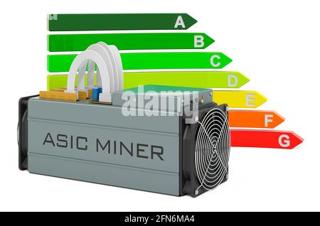 ASIC Miner mit Energieeffizienzdiagramm, 3D-Rendering isoliert auf weißem Hintergrund Stockfoto