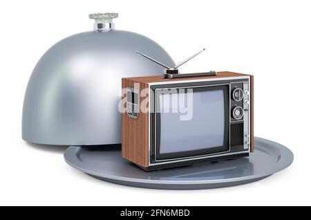 Restaurant Cloche mit Fernseher, 3D-Rendering isoliert auf weißem Hintergrund Stockfoto