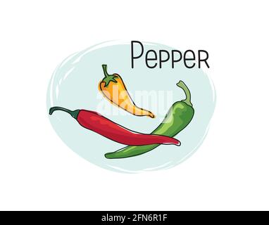 Pfeffer-Symbol. Halb- und voller Gewürzpfeffer isoliert auf weißem Hintergrund mit Schriftzug Chilli Pepper Vegetable stilvoll gezeichnetes Symbol Pfeffer Stock Vektor