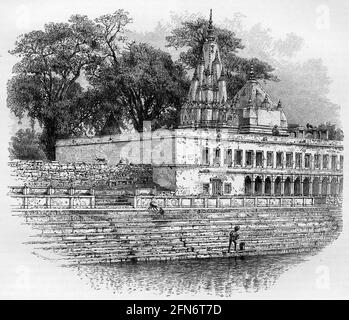 Stich des Monkeys-Tempels, Benares, Indien, um 1890 . Auch bekannt als Varanasi, die Stadt an den Ufern des Ganges in Uttar Pradesh, ist ein großer religiöser Knotenpunkt in Indien, da sie die heiligste der sieben heiligen Städte (Sapta Puri) im Hinduismus und Jainismus ist. Stockfoto