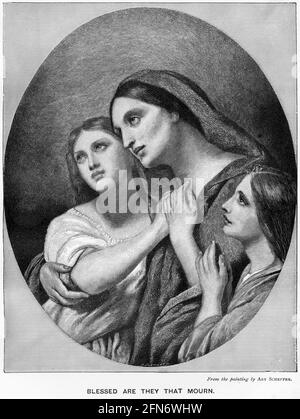 Eingraviertes Porträt einer reifen Frau und zweier junger Frauen in Trauer, um 1890 Stockfoto