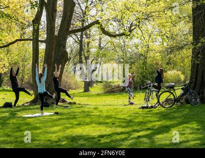 Yoga-Kurs im Central Park am Frühlingsmorgen, 2021, NYC Stockfoto