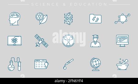 Vektorsymbole für das Konzept „Wissenschaft und Bildung“ im Linienstil festgelegt. Stock Vektor