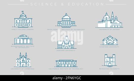 Vektorsymbole für das Konzept „Wissenschaft und Bildung“ im Linienstil festgelegt. Stock Vektor