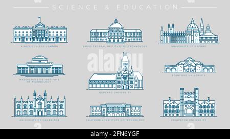 Vektorsymbole für das Konzept „Wissenschaft und Bildung“ im Linienstil festgelegt. Stock Vektor