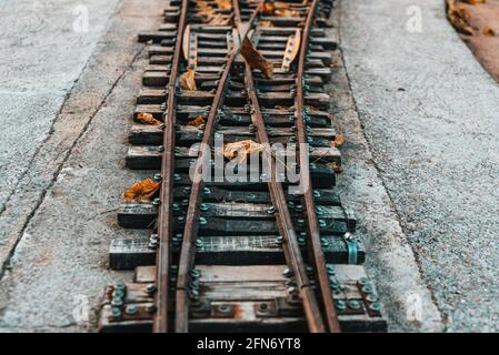 Alte Eisenbahnstrecke mit Schienen, die in zwei verschiedene Richtungen abzweigen. Stockfoto