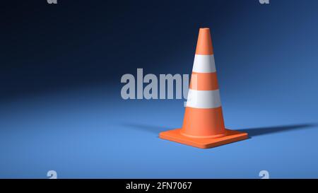 Orangefarbener Verkehrskegel isoliert auf blauem Hintergrund. Kegelförmige Marker. 3d-Illustration. Stockfoto