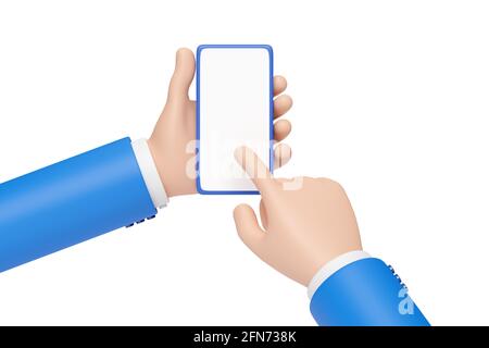 Cartoon-Hände mit einem Mobiltelefon isoliert auf weißem Hintergrund. 3d-Illustration. Stockfoto