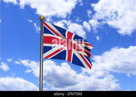3D-gerendertes Bild. Flagge des Vereinigten Königreichs winkt im Wind. Stockfoto