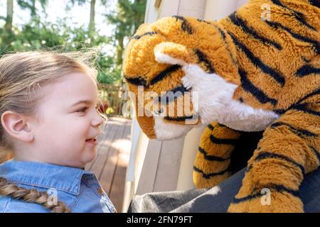 Lynwood, Washington, USA. Vier Jahre altes Mädchen, das draußen mit ihrem ausgestopften Tiger einen Stare-Down hatte. (MR) Stockfoto