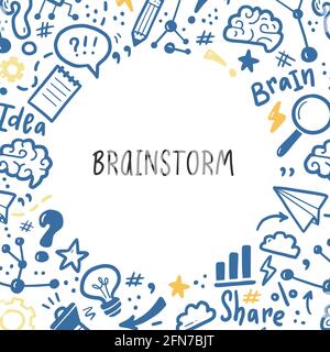 Handgezeichnete Banner-Vorlage mit Brainstorming, Idee, Gehirn-Elementen. Doodle-Skizzenstil. Vektordarstellung für Brainstorming, Business-Banner, Rahmen, Broschürenhintergrund. Stock Vektor