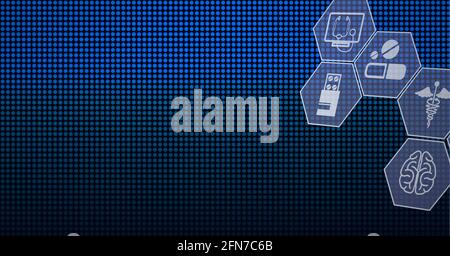 Die Zusammensetzung des Netzes der medizinischen Ikonen auf den Sechsecken über den Reihen Der blauen Punkte im Hintergrund Stockfoto