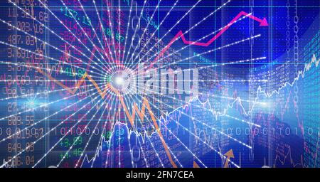 Rundscanner und mehrere Grafiken über die Verarbeitung von Börsendaten Auf blauem Hintergrund Stockfoto