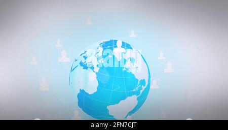 Netzwerk aus mehreren Profilsymbolen auf der ganzen Welt vor grauem Hintergrund Stockfoto