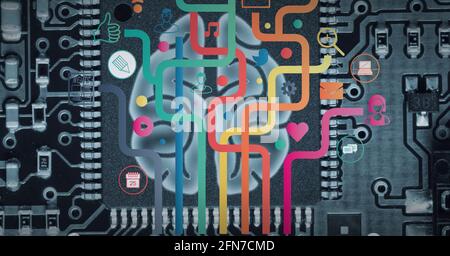 Zusammensetzung des mehrfarbigen Netzwerks von Verbindungen über das menschliche Gehirn Und Leiterplatte Stockfoto