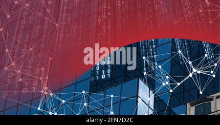 Zusammensetzung von binären Codierungen und Netzwerken von Verbindungen über das Stadtbild Stockfoto